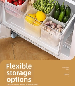 Close-up of translucent refrigerator side door storage bins in rectangular and square shapes
