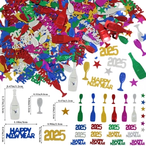 Guide détaillé des tailles pour confettis Nouvel An 2025 avec étoiles et verres à vin