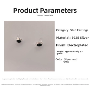 Detail specifications of 925 silver black stud earrings weighing 2.3g with plating finish