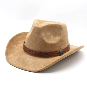Chapeau De Cowboy Occidental Suédine Large Bord Bande En Cuir Gaufré Ethnique Boucle En Métal Rétro Pour Hommes Femmes