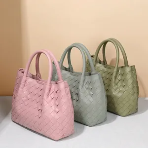 Woven PU Leather Handbag With Inner Pouch And Detachable Shoulder Strap Simple Urban Style Women Tote Bucket Bag