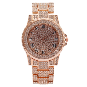 Luxurious rose gold watch for women with full crystal setting and Roman numerals dial