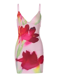 Slim fit floral print mini dress with spaghetti straps and open back design for women