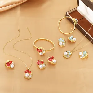 Luxury Women Jewelry Necklace Earrings Ring Bracelet Stainless Steel Artificial Pearl Enamel Flower Rhinestone Retro Floral Design