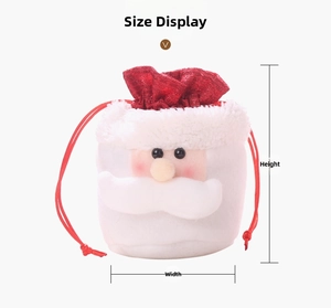 Size display of a Santa-themed Christmas drawstring gift bag with red sequin trim