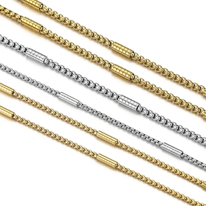 Polished gold and silver stainless steel box chains with cylindrical metal beads