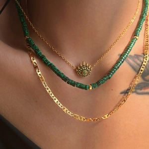 Three-layer layered necklace set with green malachite beads and gold evil eye pendant