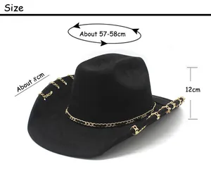 Größentabelle zeigt 8cm Krempe und 12cm Höhe für schwarzen Cowboyhut mit Metallkette