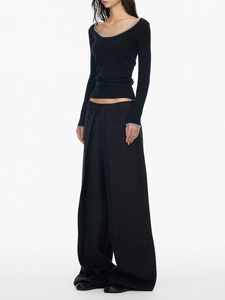 Detail of slim-fit knit sweater featuring a deep U-neck and contrasting grey piping edges