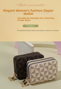 Macro detail of checkered PU leather multi-card wallet with golden zipper closure
