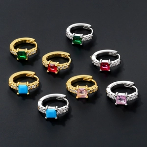Colorful square zircon hoop earrings in gold and silver finish with crystal accents