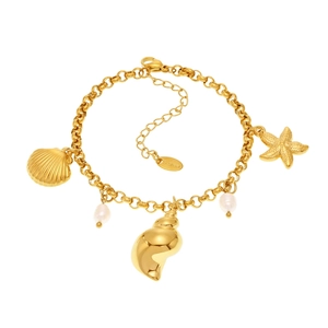 Bracelet océan doré en acier inoxydable avec pendentifs étoile de mer, coquillage et perles