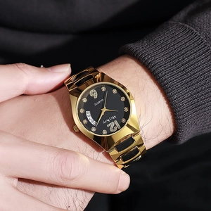 Luxurious gold-tone quartz watch for men with black dial and diamond-set hour markers