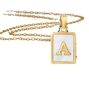 Golden stainless steel necklace featuring a rectangle shell pendant with letter A
