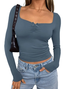 Slim fit long sleeve U-neck T-shirt in blue-grey with front bow and ruched detail