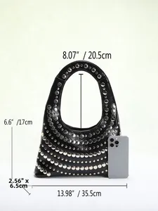 Detailed size measurement chart for punk rivet shoulder bag with phone for scale