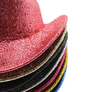 Multi-color metallic lace western cowboy hats in red gold and blue stacked for party