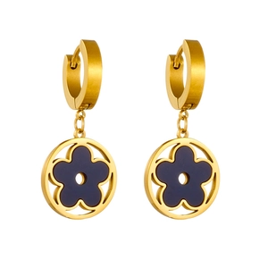 Minimalist gold hoop earrings featuring a hollow round pendant with a navy blue flower