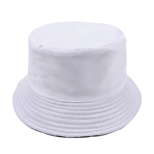 White cotton bucket hat with parallel stitched brim and a classic flat top design