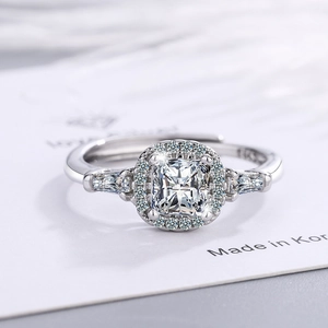 Classic square halo diamond ring with princess cut center stone in white gold finish