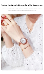 Close-up of rose gold quartz watch set with crystal bracelet and shell dial on model