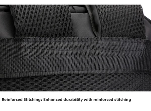 Close-up of reinforced stitching on the black business backpack shoulder strap and mesh