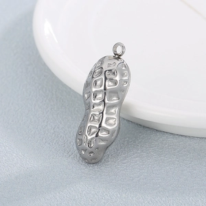 Polished silver stainless steel peanut pendant with textured grid detail and hanging loop