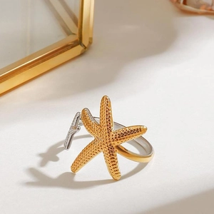Starfish Open Ring Stainless Steel 18K Gold Plated Two-Tone Textured Adjustable Ocean Beach Jewelry For Women