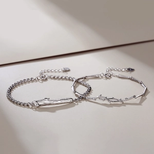 S925 Sterling Silver minimalist couple bracelets with wood grain and branch designs