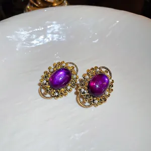 French vintage purple oval stone earrings with gold floral border and white pearls