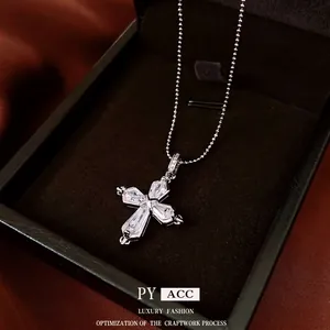 Cross Pendant Necklace Copper With Cubic Zirconia Geometric Clear Stones Ball Chain Elegant Minimalist Jewelry For Women