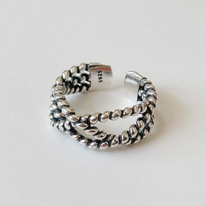 Braided Rope Twist Ring 925 Sterling Silver Adjustable Open Band Vintage Retro Style Minimalist Jewelry For Women