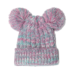 Kids winter cable knit hat with two fluffy pom poms in pink blue and white yarn