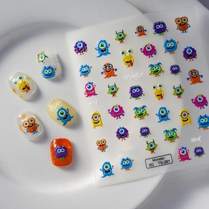 5D embossed cartoon monster nail art stickers with textured 3D relief effects