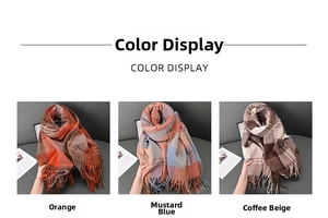 Détail d'écharpes à carreaux et glands en orange brun, bleu gingembre et beige café