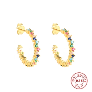 S925 sterling silver C-shaped hoop earrings with colorful zircon stones in gold finish