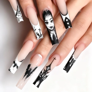 Press On Nails Halloween Gothic Style Black White Long Coffin False Nails Cartoon Bat Spider Web Artificial Nails For Women