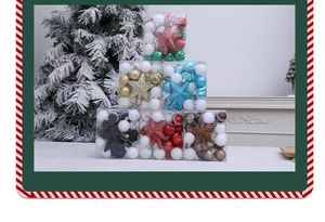 Detailed view of 31pcs Christmas ball set with stars in red gold and blue gift boxes