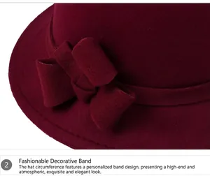 Detail of wool cloche hat with stylish decorative ribbon and bow for women