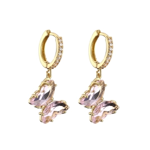 Elegant gold-plated crystal butterfly drop earrings with sparkling pink stones and CZ accents