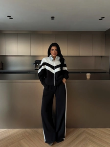 Femme Coton Sportive Sweat-Shirt À Fermeture Éclair Veste Et Taille Haute Jambe Large Pantalon De Détente Bloc De Couleur Panda
