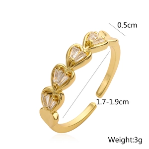 Anello a cuore minimalista placcato oro 18 carati con zirconi e fascia aperta regolabile