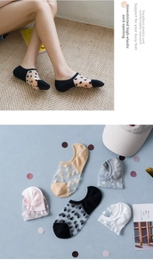 Detail of breathable sheer mesh socks with elastic cuff and elegant polka dot pattern