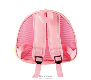 Rear view of pink kids backpack showing breathable mesh back panel and adjustable straps
