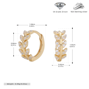 Detailed view of gold S925 sterling silver wheat ear hoop earrings with 5A zircon and dimensions