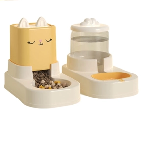 Cat ear double bowl automatic pet feeder and water dispenser set in bright yellow and white