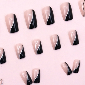 French style black and nude pink press-on nails with silver wave lines for women