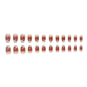 Red-brown gradient ballerina press-on nails with sweet heart patterns 24-piece set