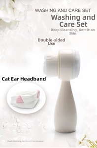 Deep cleansing set with plush cat ear headband and double-sided facial brush