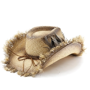 Western raffia cowboy hat with distressed brim and gray feather decor on white background